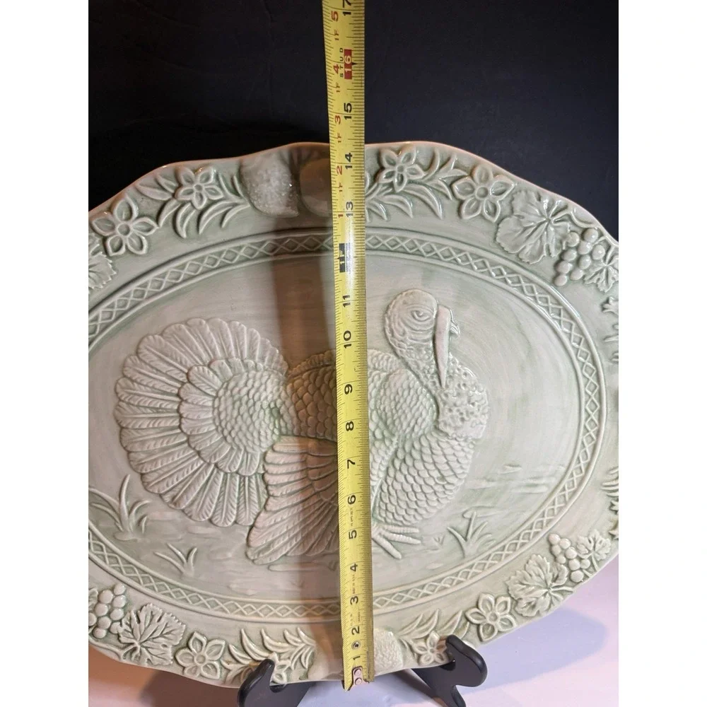 Turkey Embossed Oval Serving Platter Sage Green Portugal 19